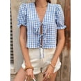 thumbnail image 4 of Women'S Gingham Crop Top Puff Sleeve V-Neck Tie Front Blouse Summer Shirt with Elastic Cuffs Blue XL, 4 of 9