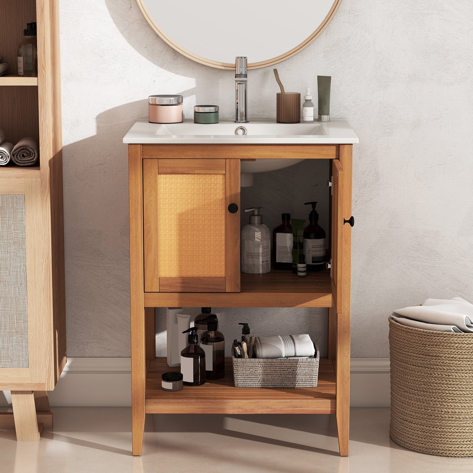 Gymax 24'' Bathroom Vanity w/ Sink 2 Rattan Doors & Open Slatted Shelf Freestanding