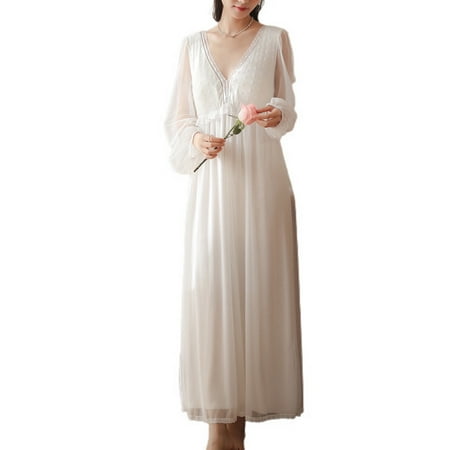 

Homgro Women s Long Sleeve Victorian Vintage Nightgown Summer Loungewear Long Fall Mesh Comfy Princess Nightgowns White X-Large