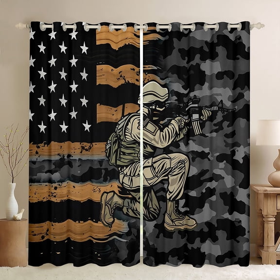 Manfei Vintage American Flag Curtains for Living Room, Military Blackout Curtains Set of 2 (42x63), Army Camhouflage Curtains and Drapes (42x63), Living Room Curtains Room Decorative