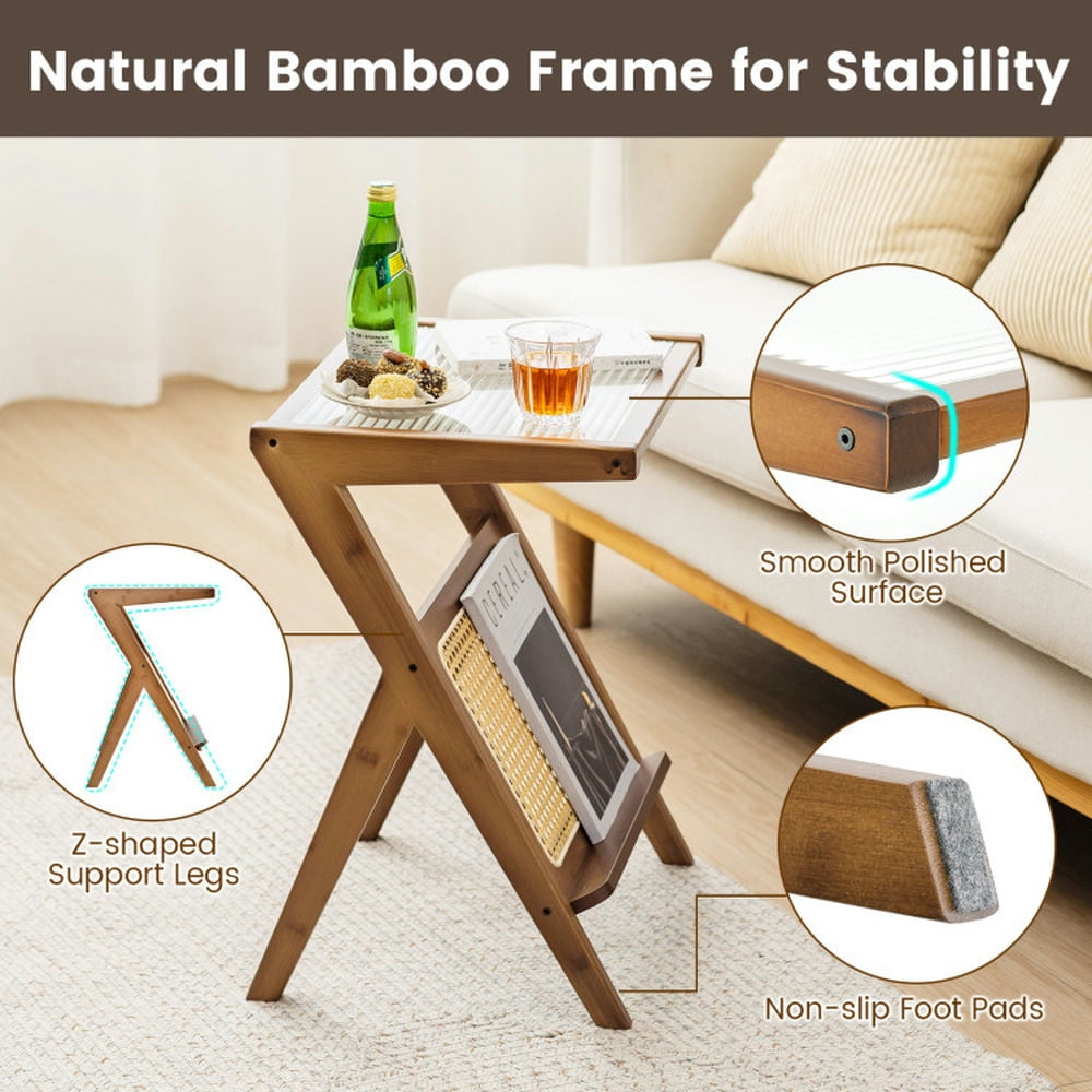 Finihen End Table, Boho End Table with Magazine Rack and Tempered Glass Top, Sofa Side Table, Bed Side Table, for Living Room, Bedroom, Walnut Finihen End Table, Boho End Table with Magazine Rack and Tempered Glass Top, Sofa Side Table, Bed Side Table, for Living Room, Bedroom, Walnut