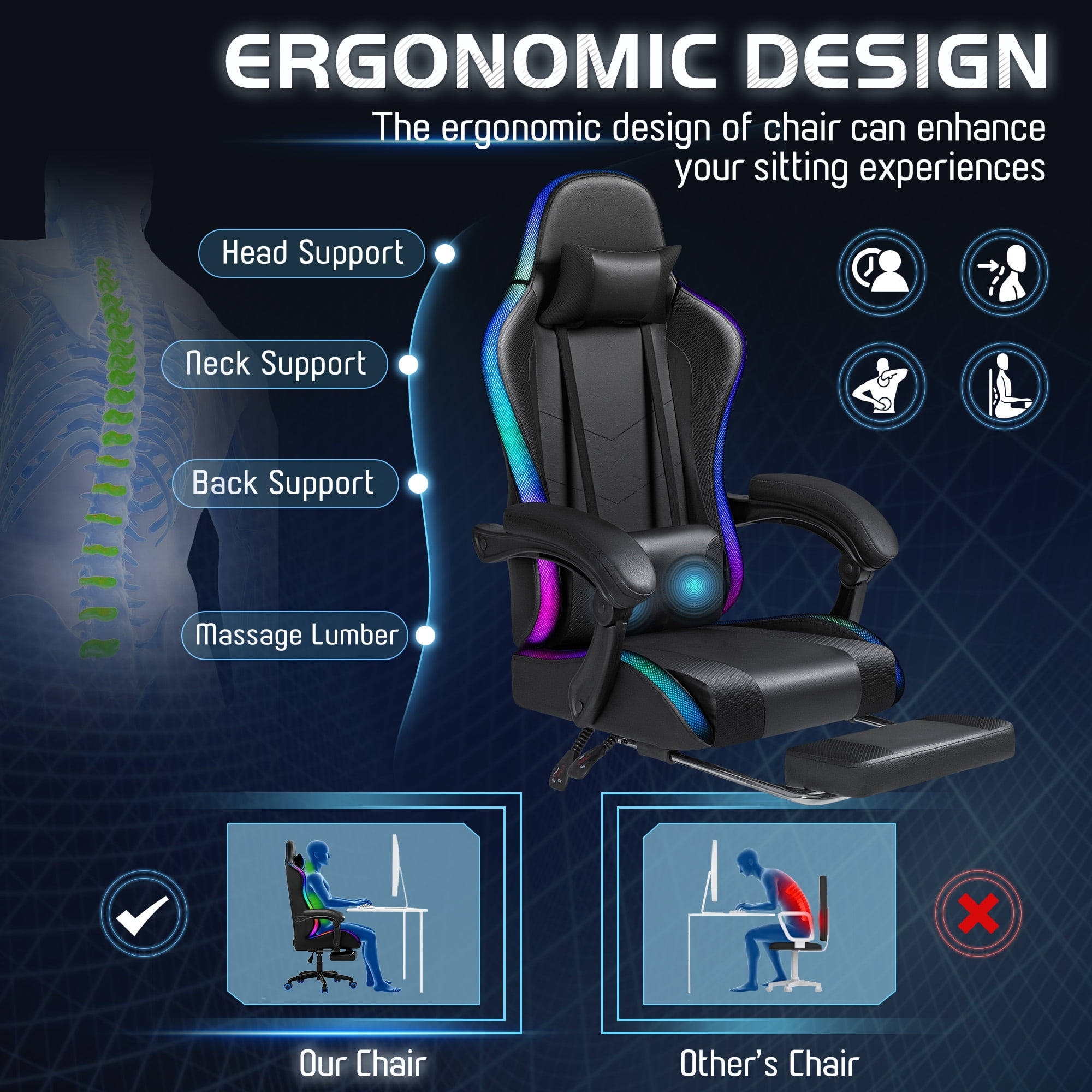 Homall RGB Gaming Chair with APP & Remote Control, LED Lights Ergonomic Computer Chair with Footrest & Massage Lumbar Support, Black