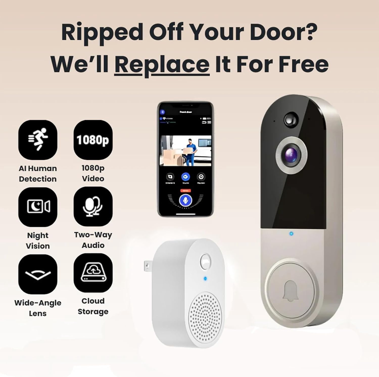Security doorbell, 1080p wireless video doorbell camera with intelligent AI human detection, battery-powered, two-way talk, live view, night vision, 2.4G WiFi only, cloud storage, indoor and outdoor