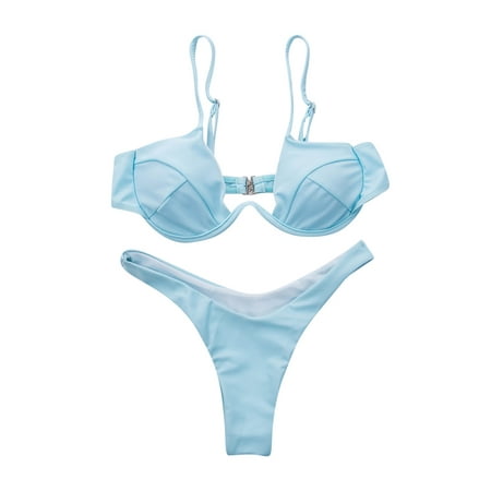 FINELOOK Women 2PCS Bikini Set Wire Padded Back Buckler Bra Triangle High Waist Panty