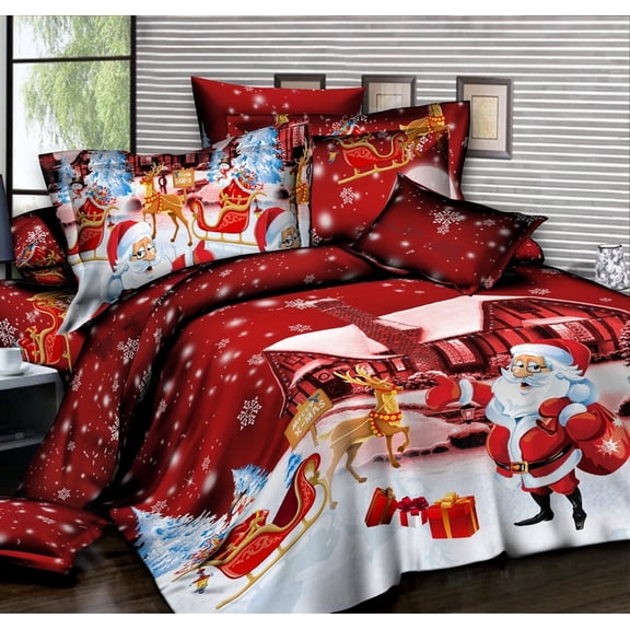 3 Piece Red Christmas Theme Comfoter Cover Set Queen Size Bedding Set Santa Claus Digital Printed Duvet Set Home Decor 1 Duvet Cover with 2 Pillow Cases Machine Washable