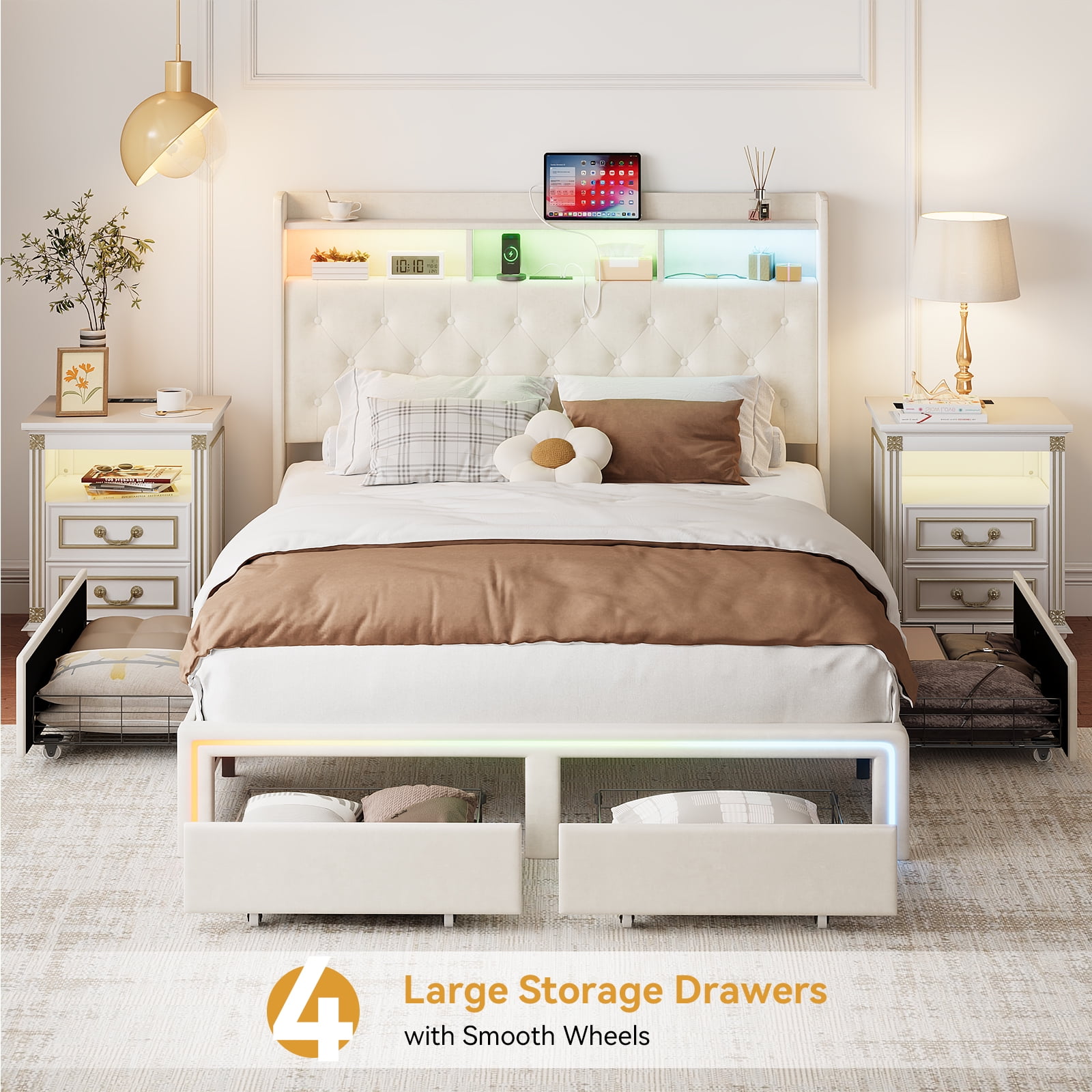Miniyam Queen Size LED Bed with Storage Drawers, Charging Ports, Velvet Headboard for Adults, Beige