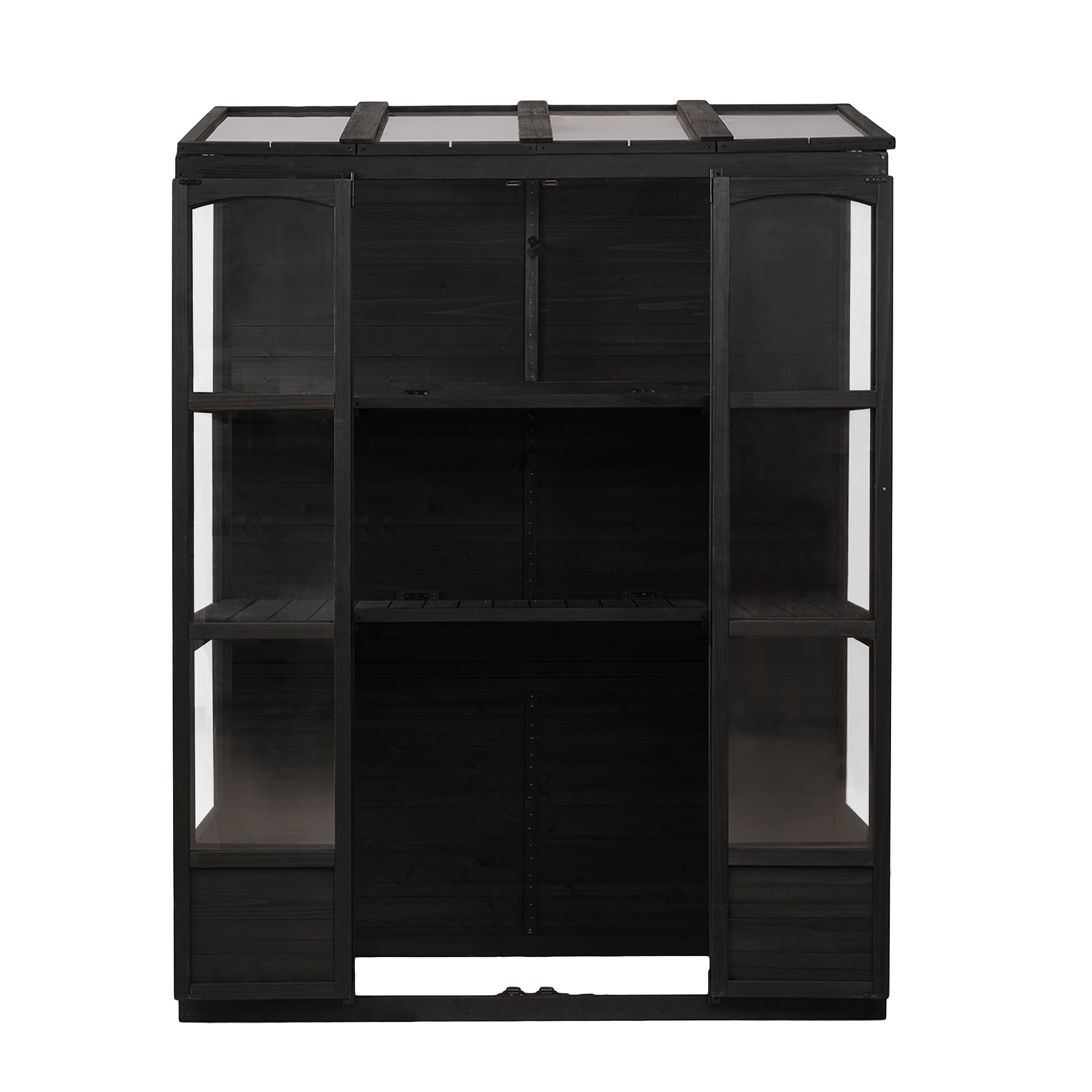 EUROCO 78" Wood Large Greenhouse Cold Frame, Portable Walk-in Outdoor Greenhouse with Openable Roof, 4 Independent Skylights and 2 Folding Middle Shelves, Black