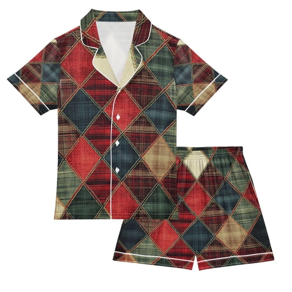 FORMRS Niños Short Sleeve Top and Pants Pajama Set Unisex Satin 2-Piece Sleepwear, Sizes 5-6Y, Dark Tartan Pattern