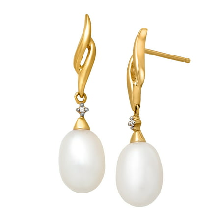 Freshwater Pearl Drop Earrings with Diamonds in 14kt Gold