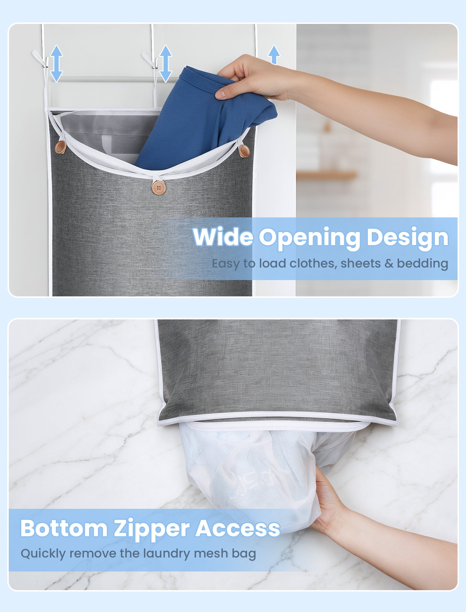 NiHome XXL Hanging Laundry Hamper Bag 39.4"x22.4" with Removable Delicates Bag, 2-in-1 Door Hamper with Dual Hooks, Wide Opening Laundry Bag for Dorm Bedroom Bathroom(Use Together or Separately)