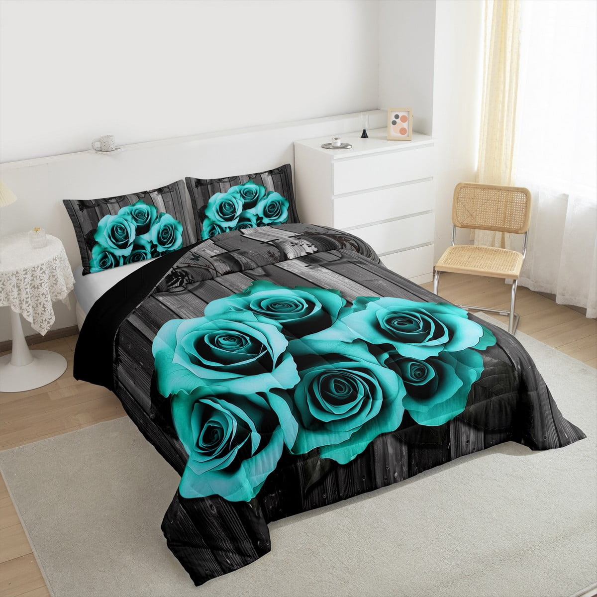 Turquoise Grey Bedding Set Teal Rose Flowers Comforter Set Full Men Women Valentine'S Day Wedding Comforter Gifts For Couple Lover,Country Rose Floral Quilt Duvet Insert 2 Pillow Cases