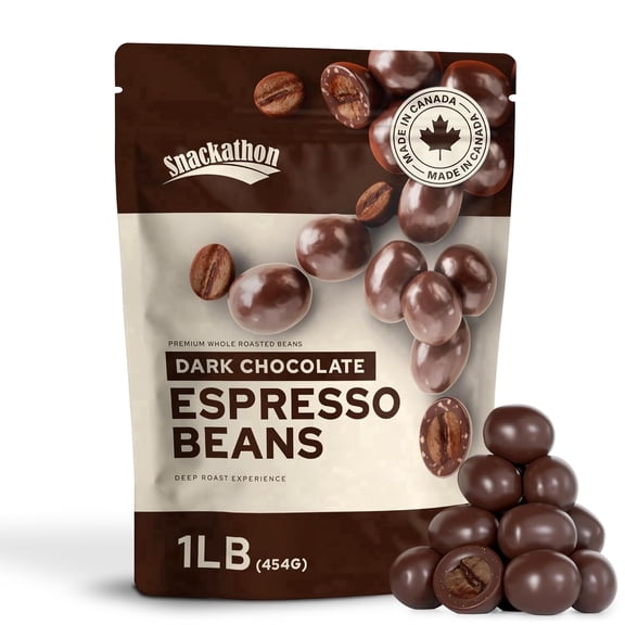 Snackathon Dark Chocolate Covered Espresso Beans, 1 LB Resealable Bag, Rich & Bold Gourmet Candy Snack for Coffee Lovers