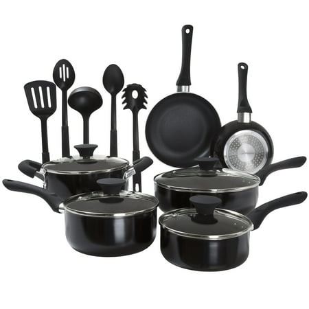 Black Dishwasher Drawer - 15PC Cookware Set Long Lasting Nonstick, Tempered Glass lids, Dishwasher Safe Allumi-shield with Induction Ready Bottom by Classic Cuisine - Black
