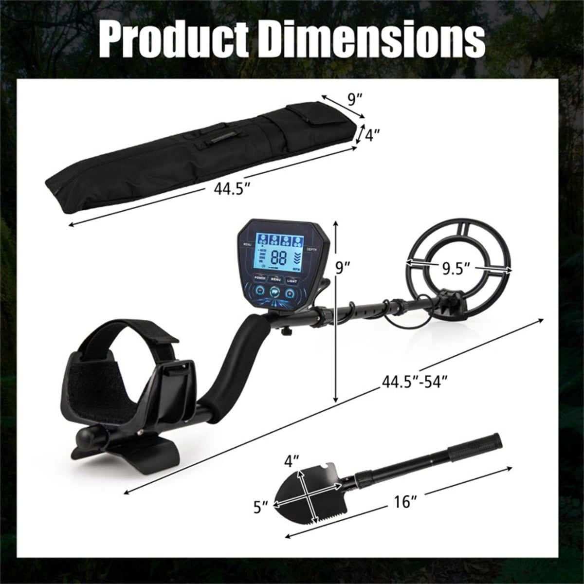 Metal Detector Black IP67 Waterproof Search Coil 4Modes 10In Depth DSP Chip LCD Display Adjustable 44.5In Beach Outdoor Adventure Adults Teens Shovel Headphones Carry Bag Batteries Gold Coins Relics