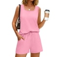 thumbnail image 4 of VISALY Two Piece Lounge Shorts Sets for Women Summer Square Neck Sleeveless Tank Drawstring Elastic Waist Shorts with Pocket Summer Soft Comfortable Casual Sweatsuit Homewear Outfit Pink S, 4 of 8