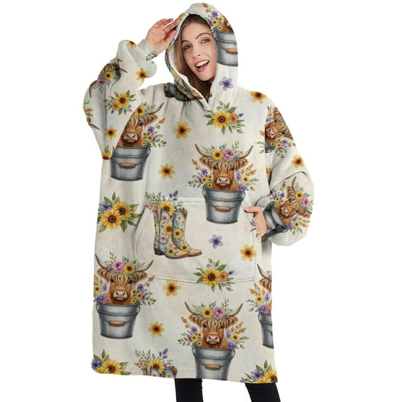Oversized Wearable Blanket Hoodie,Beige Highland Cow Bucket Boot Flower Pattern Sherpa Blanket Hoodie with Super Pockets,Super Warm Fuzzy Pullover for Women & Men