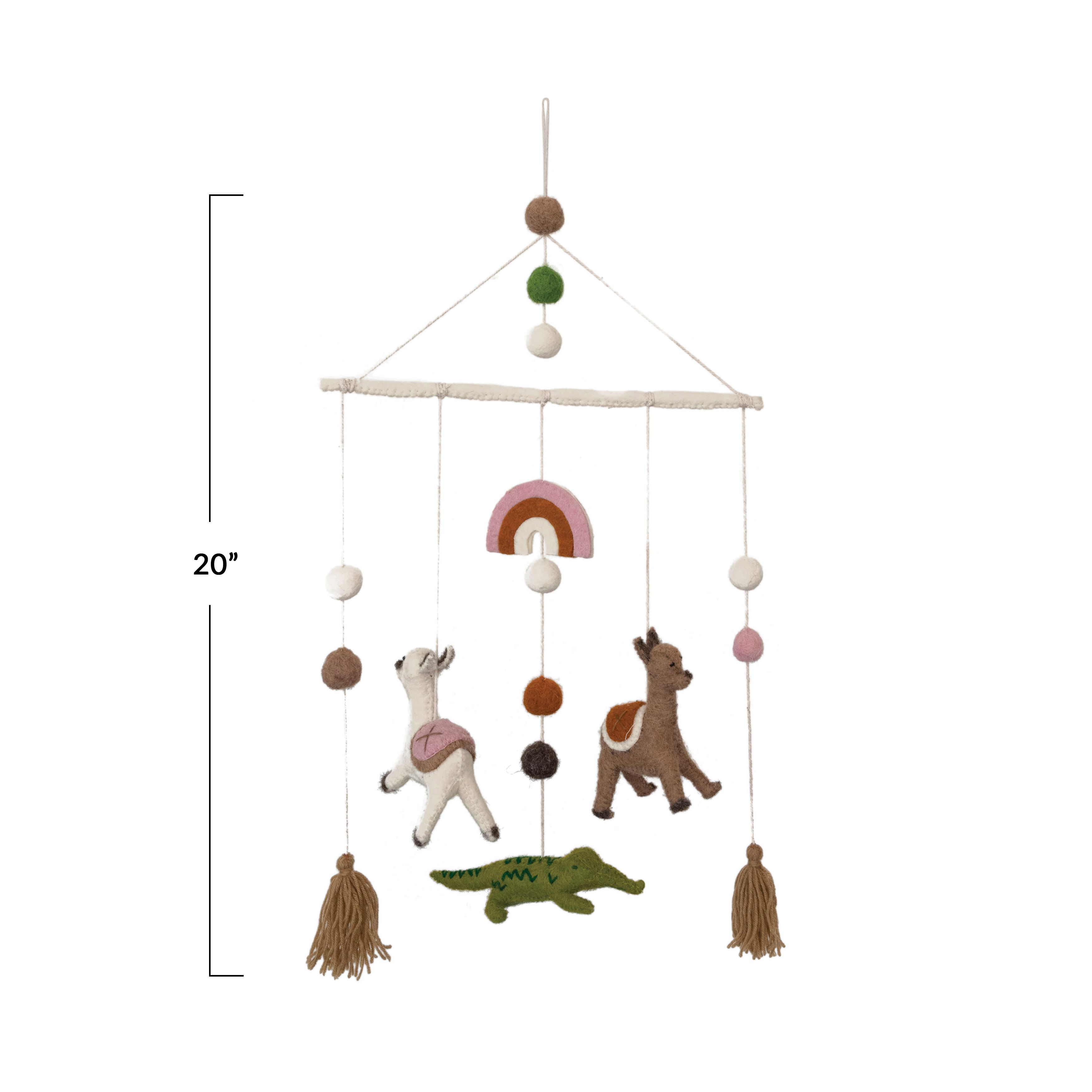 Creative Co-Op Wool Felt Mobile with Llamas, Alligator and Tassels