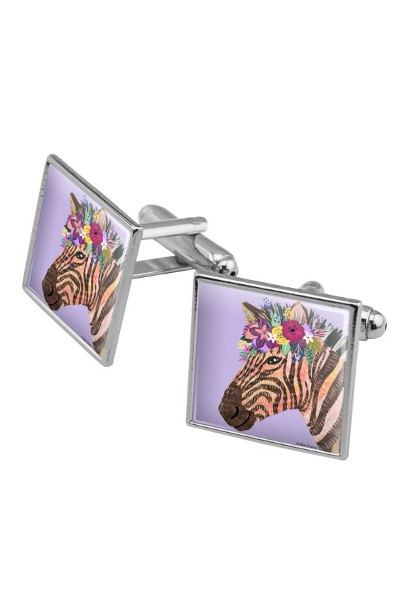 Zebra Flower Floral Hair Square Cufflink Set - Silver or Gold