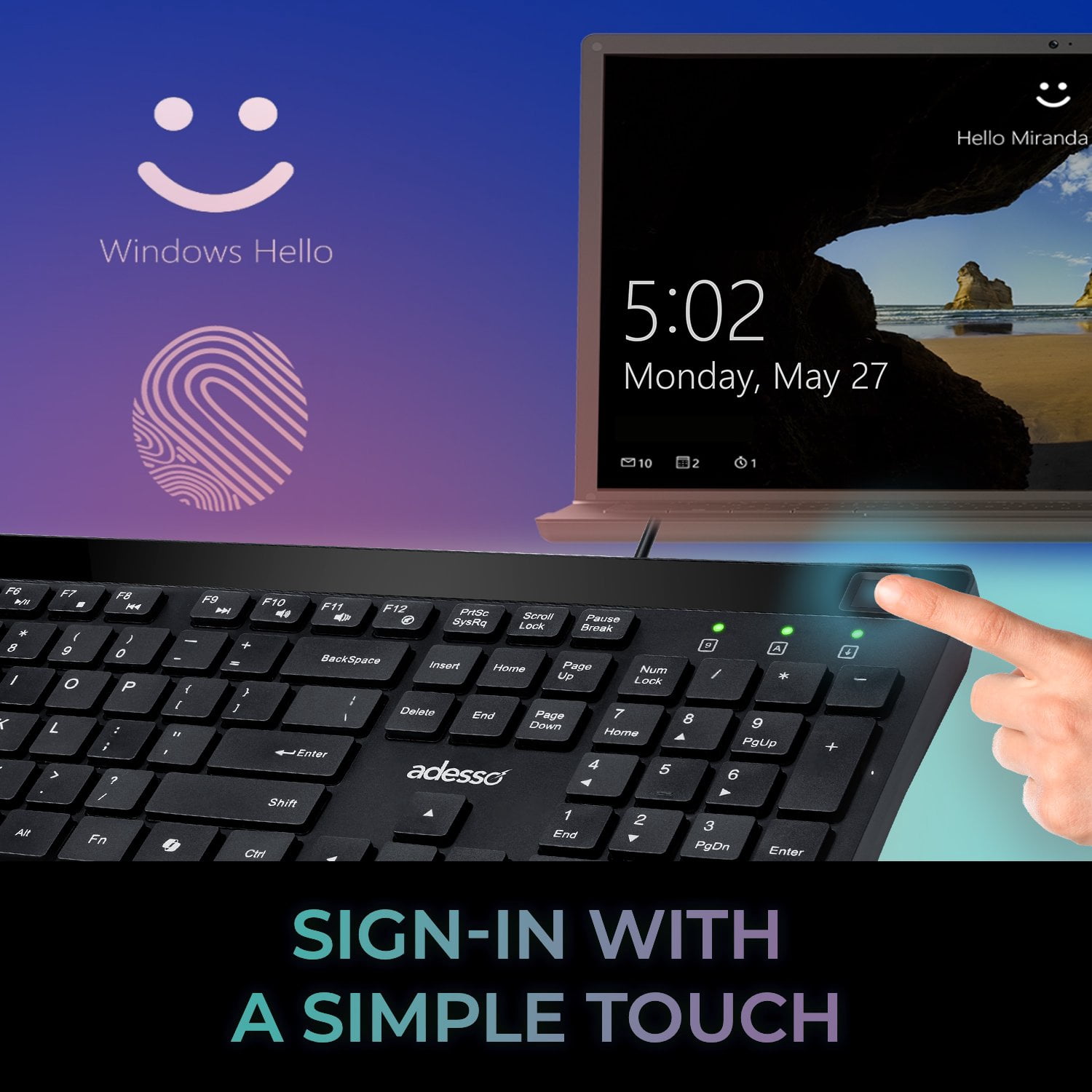 Adesso AKB-140FB Keyboard - Cable Connectivity - USB Type A, USB Type C Interface - 104 Key(s) - My Computer, Back, Forward, Search, Email, CoPilot, Play/Pause, Stop, Previous Track, Next Track, Vo...