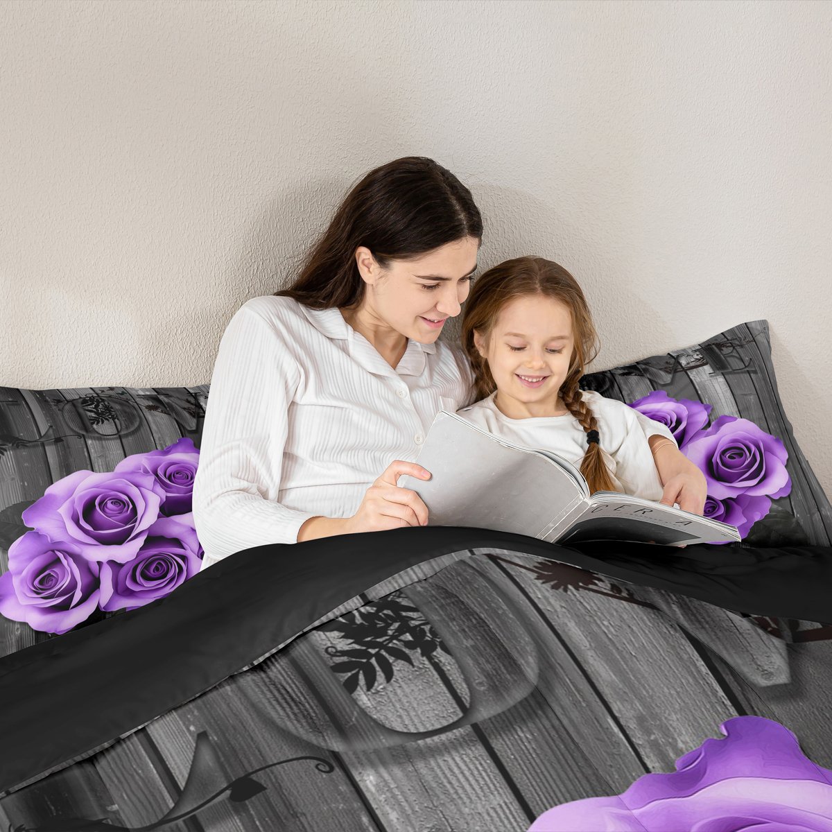 Lavender Color Rose Comforter Set Full Purple Black Grey Flower Bedding Set Women Couple Romantic Floral Down Comforter Retro Farmhouse Quilt Duvet Gifts For Valentine'S Day Wedding