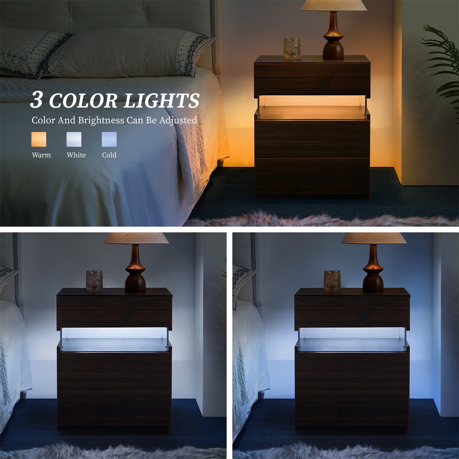 Hommoo 3 Drawer Dresser LED Nightstands, End Table Bedside Tables for Bedroom, Living Room, Walnut