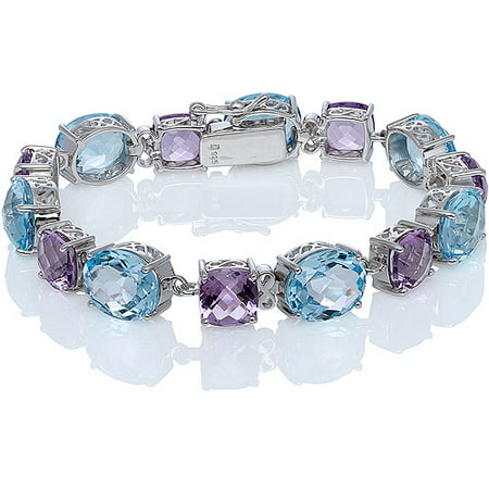 Blue Topaz and Amethyst Sterling Silver Checkerboard Bracelet, 7