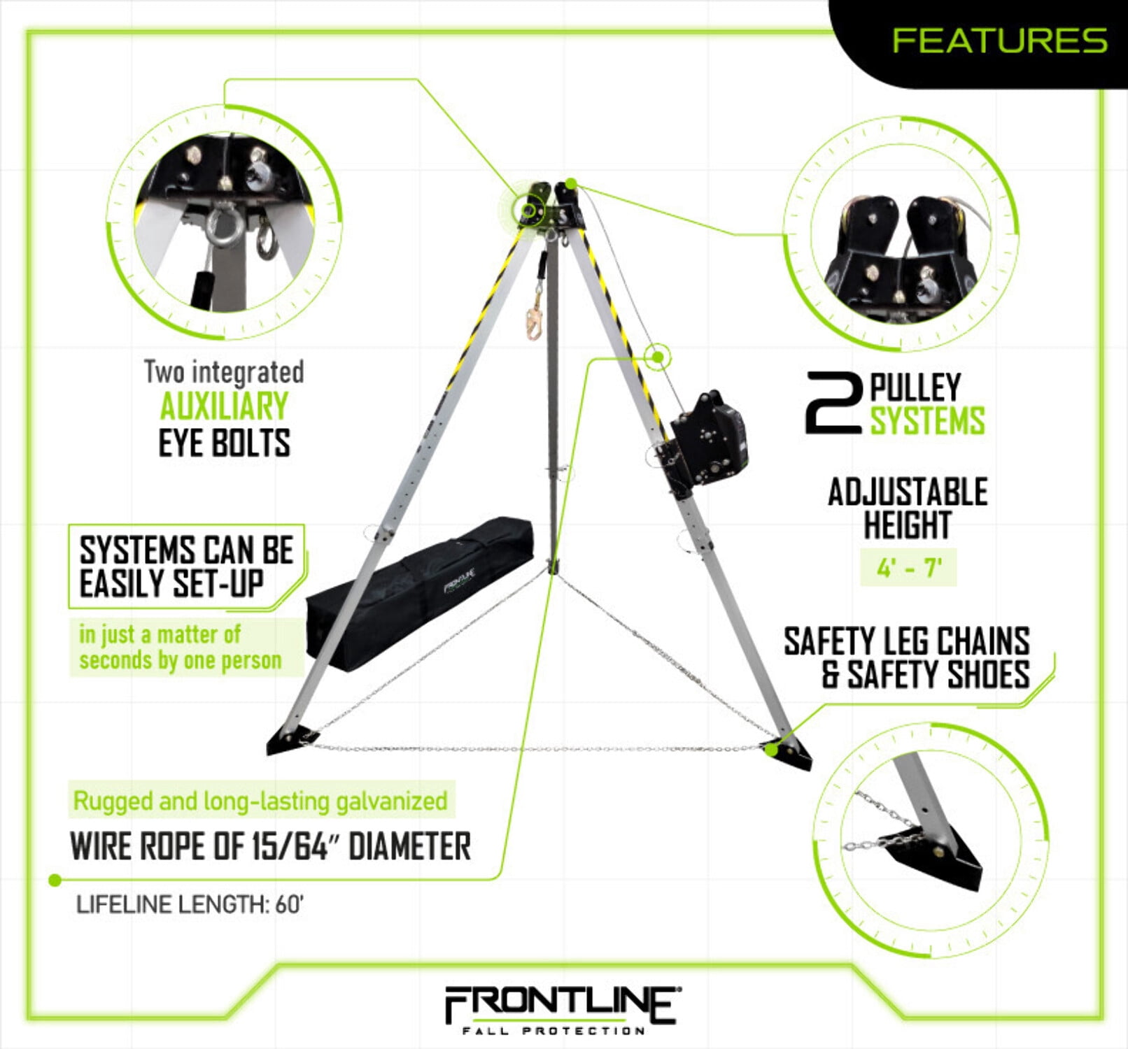 Frontline TAN07RU Confined Space Kit 7' Aluminum Tripod with Winch 60'