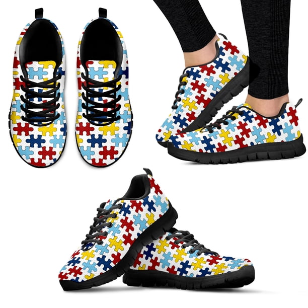 Zapatos de concientización sobre el autismo, estampado de rompecabezas colorido, cómodos zapatos con cordones, zapatillas casuales negras de suela suave, planos