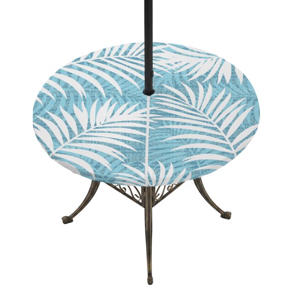 Outdoor Tablecloth with Umbrella Hole and Zipper Tropical Palm Leaves Round Fitted Table Cover with Elastic Waterproof Teal Summer Beach Leaf Patio Tablecloths for Picnic BBQS Garden Fit 45"-54"