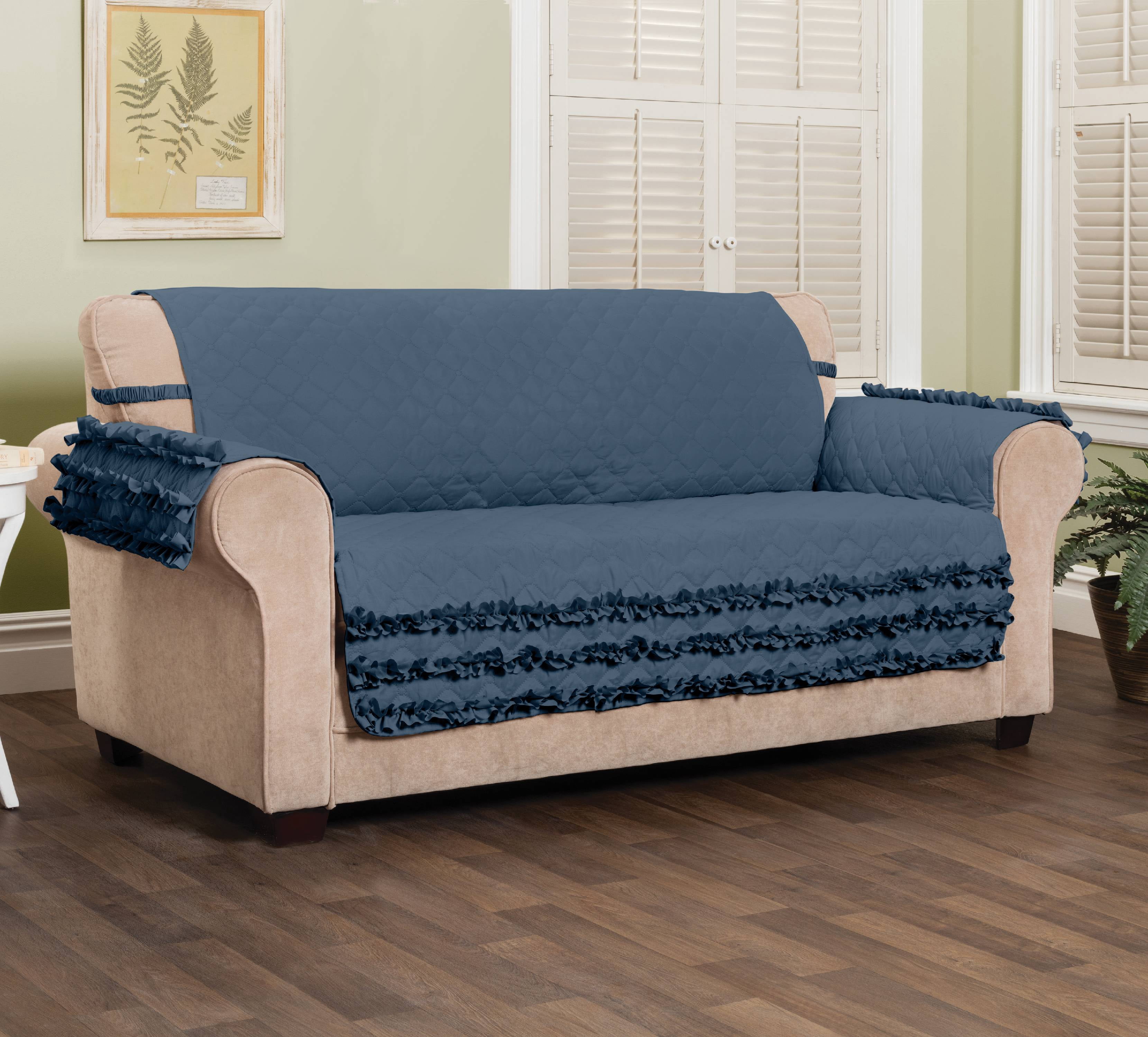 Innovative Textile Solutions 1-Piece Claremont Ruffled Sofa Furniture Cover, Slate Blue