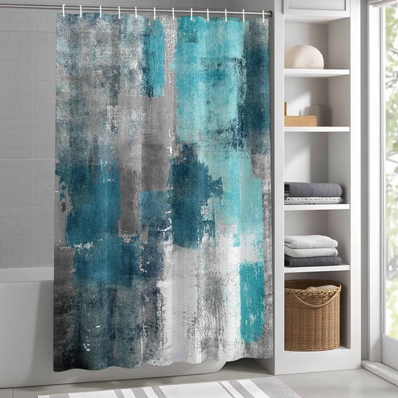 Teal Gray Block Shower Curtain for Bathroom, Abstract Art Fabric Shower Curtain Set with Hooks, Waterproof Washable Bath Curtain for Bathroom Decor, 36"x72"