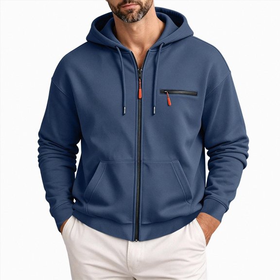 UOCUFY Hoodies for Men Casual Long Sleeve Full Zip Hooded Fleece Sweatshirt | Fashion Athletic Workout Jackets with Multi Pockets Navy,Size XXL