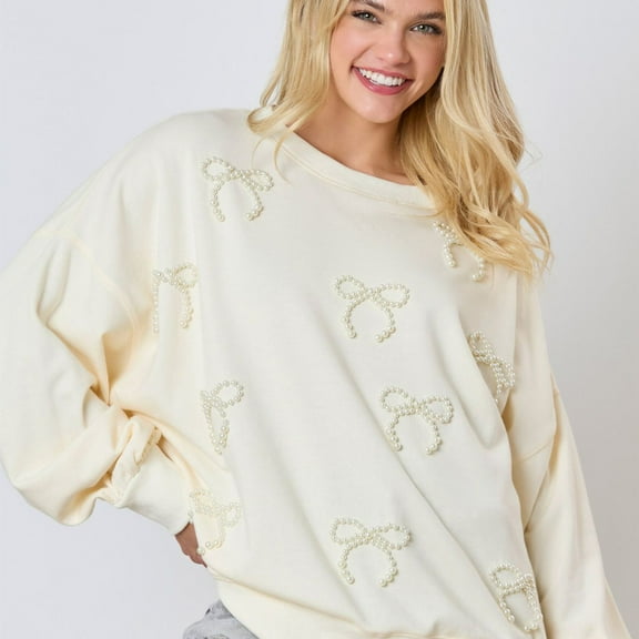 Womens Sweatshirts Plus Size Long Sleeved Hoodie Bow Pearl Print Casual Loose Round Neck Sweatshirt,Tops for Women
