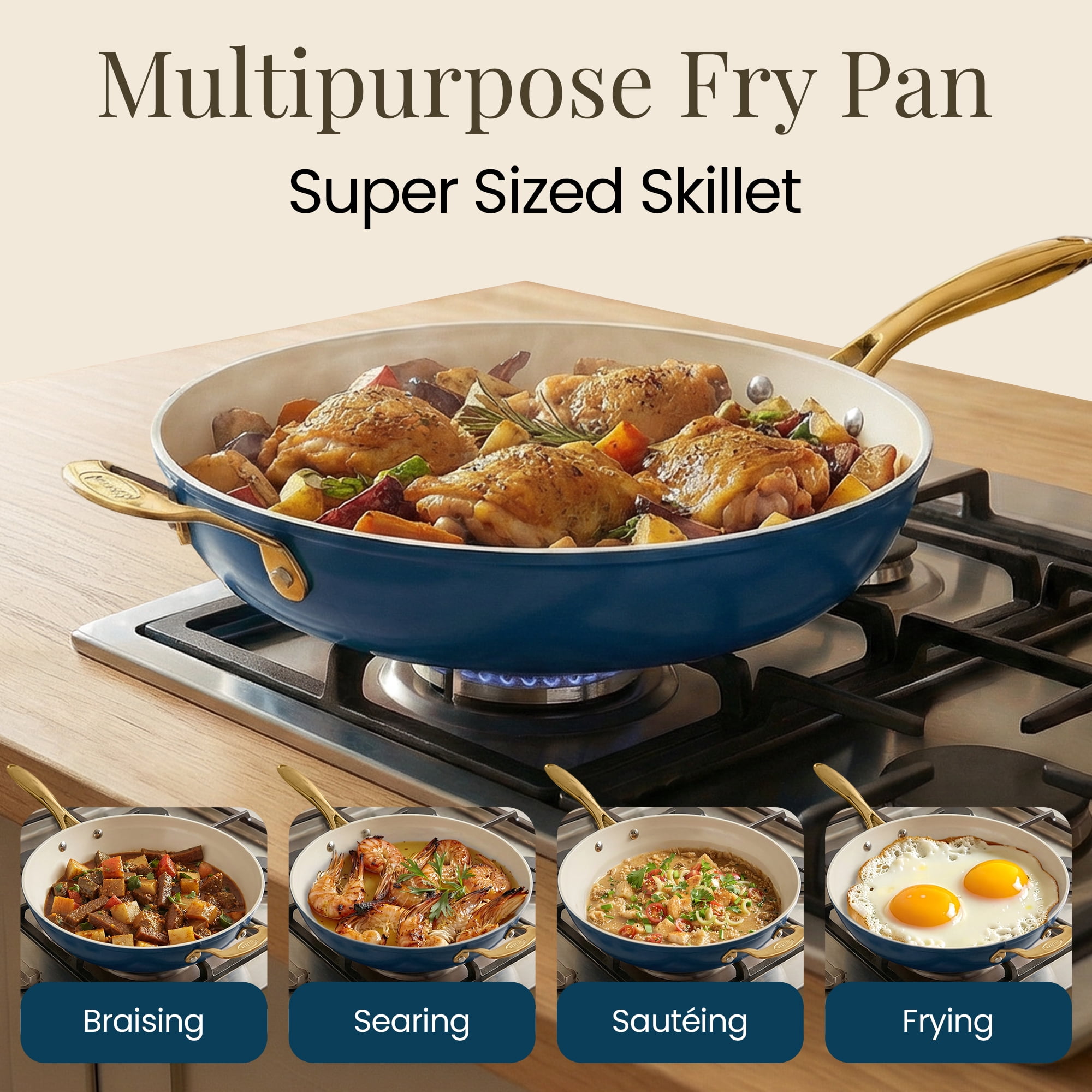 Gotham Steel 14 Inch Large Frying Pan with Lid, Ceramic Non Stick Frying Pans Skillet, Non Toxic Frying Pans Nonstick for Sauté & Cooking, Oven & Dishwasher Safe, Navy/Cream with Gold Handles
