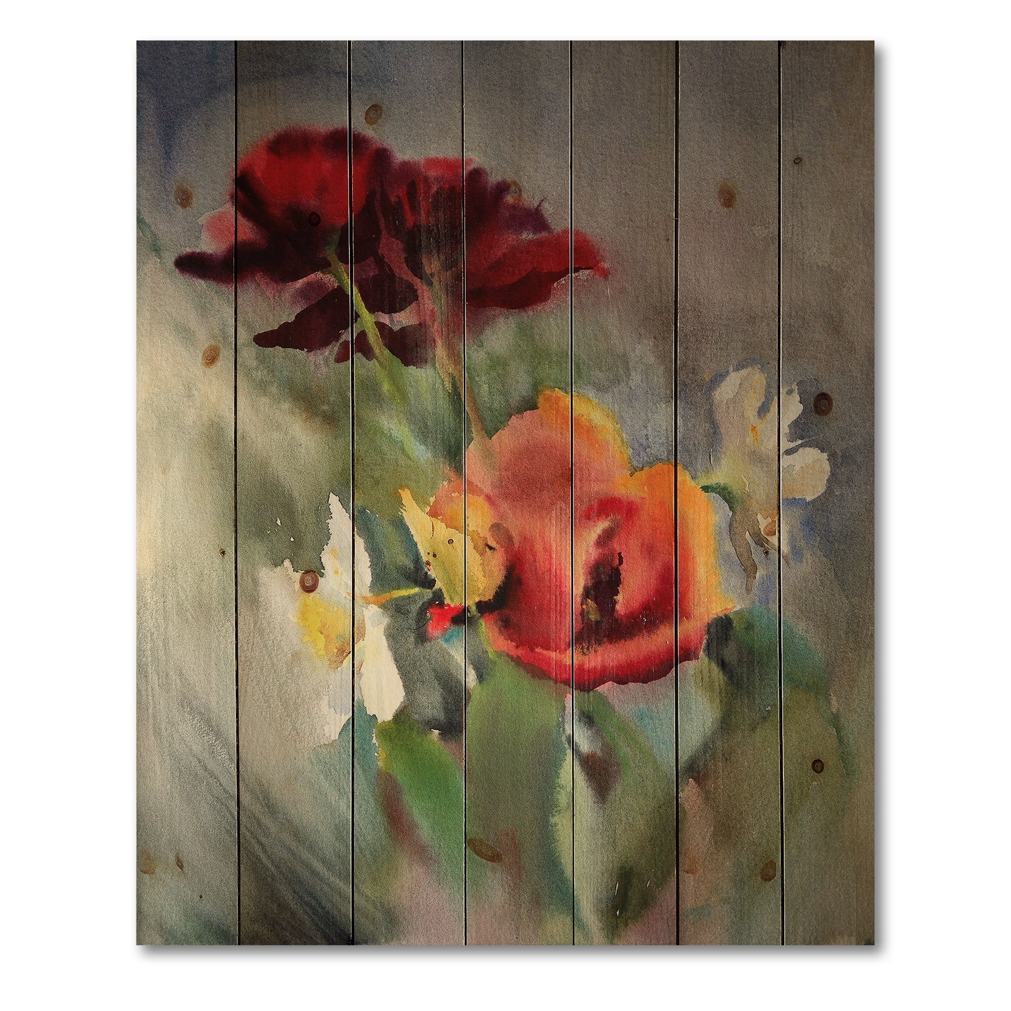 Designart 'Blossoming Vibrant Red Wildflowers' Traditional Print on Natural Pine Wood
