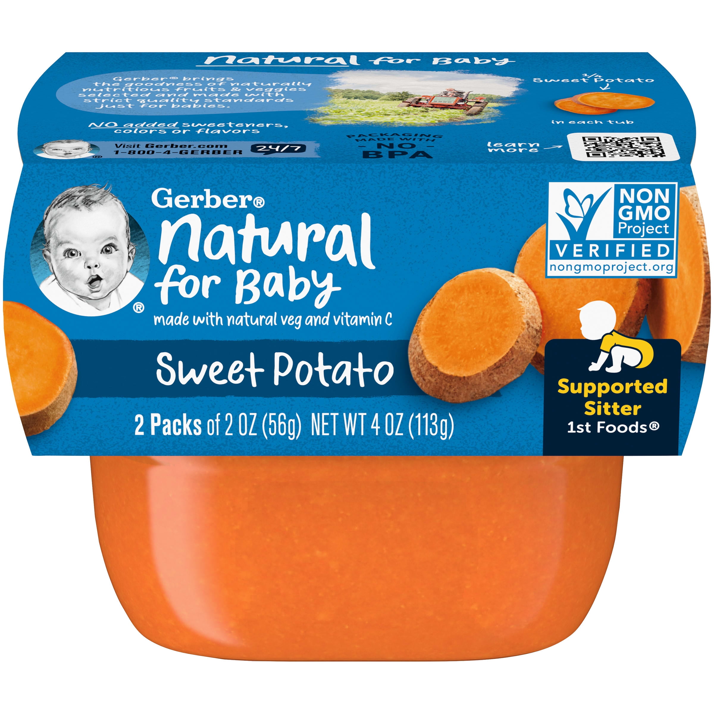 Gerber Natural Stage 1 Baby Food, Sweet Potato 2 oz Tubs (16 Pack)