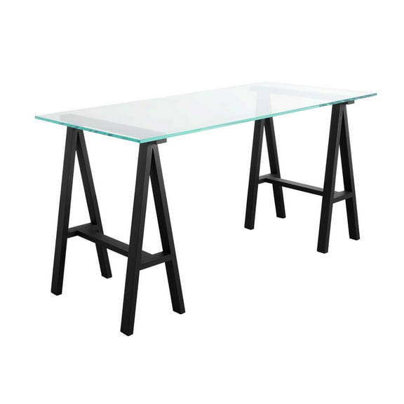 Benjara Rani 55" Office Desk- Tempered Glass Top- Modern Black Steel Frame