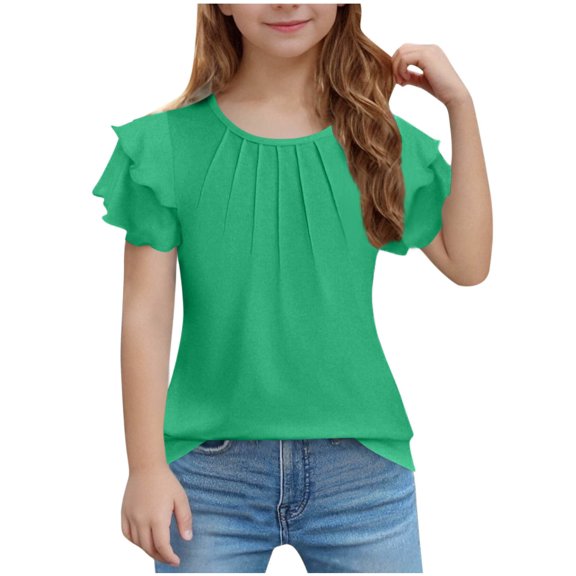 JLMSPLWG Kids Summer Tops Girls Ruffle Short Sleeve Toddler Plus Size Pleated T Shirts Teen Girls Loose Dressy Casual Blouses Tween Girl Clothes