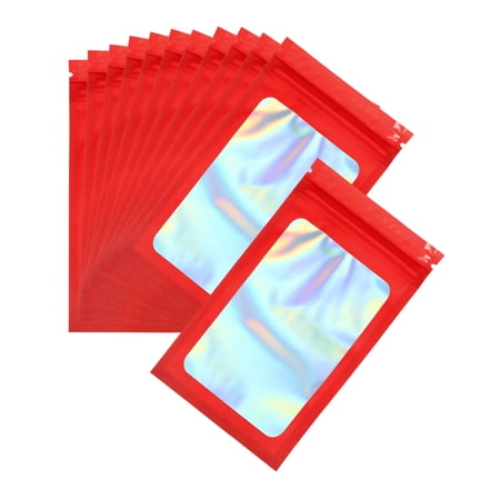 Uxcell 3.5 x 6.3 Inch Holographic Packaging Bags 100 Pcs Clear Window Resealable Food Storage Smell Proof Foil Pouch Bag for Small Business Party Favor Candy Jewelry Red