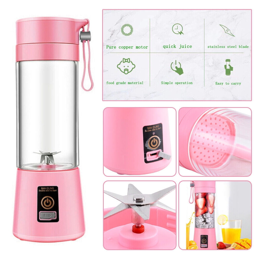 Hinzonek Portable Mini Juicer Cup, Personal Blender 6 Blades Mixer Fruit Machine for Smoothies Shakes, Pink, 380ml