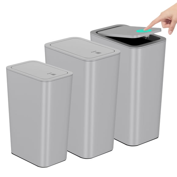 Juego de cubos de basura N. NETDOT, paquete de 3 con tapa de 2 x 15 L y 1 x 10 L (gris)