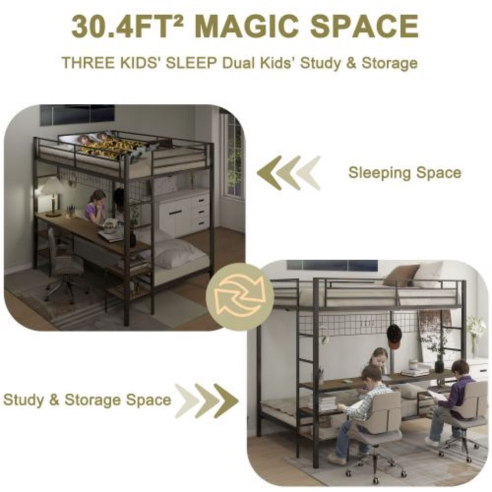 Full Over Twin Bunk Bed with Desk, Charging Station, Storage Shelves, Wire Mesh Panel & Hooks, Guardrails, Stairs, Black & Brown