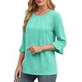 thumbnail image 2 of MOYIKO Women 3/4 Sleeve T Shirt Casual Crewneck Plain Blouse Lake Green Bell Sleeve Pleated Fall Top S, 2 of 7