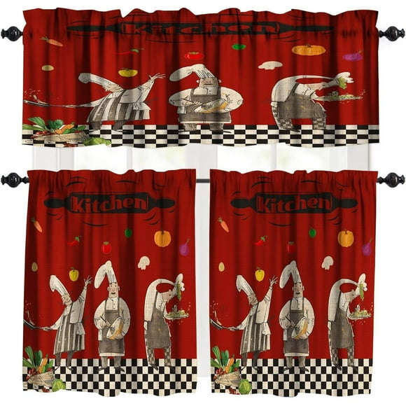 Cantonnières de Chef Rustiques, Thème de Chef Dodu Cuisinier Vintage Mignon Drôle Chef Campagnard Ferme à Carreaux Buffalo Cantonnière de Fenêtre pour Salon Cuisine Café Salle de Bain 54x18 Pouces + 27x36 Pouces X
