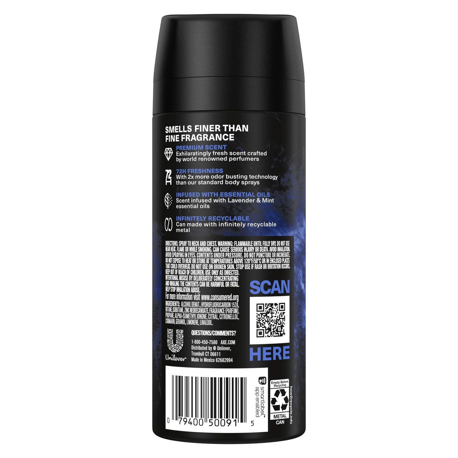 AXE Fine Fragrance Collection Atomiseur Corporel Haut de Gamme Blue Lavender avec 72 h de protection anti-odeur et de fraîcheur infusé d'huiles essentielles de lavande, menthe et ambre 113 g