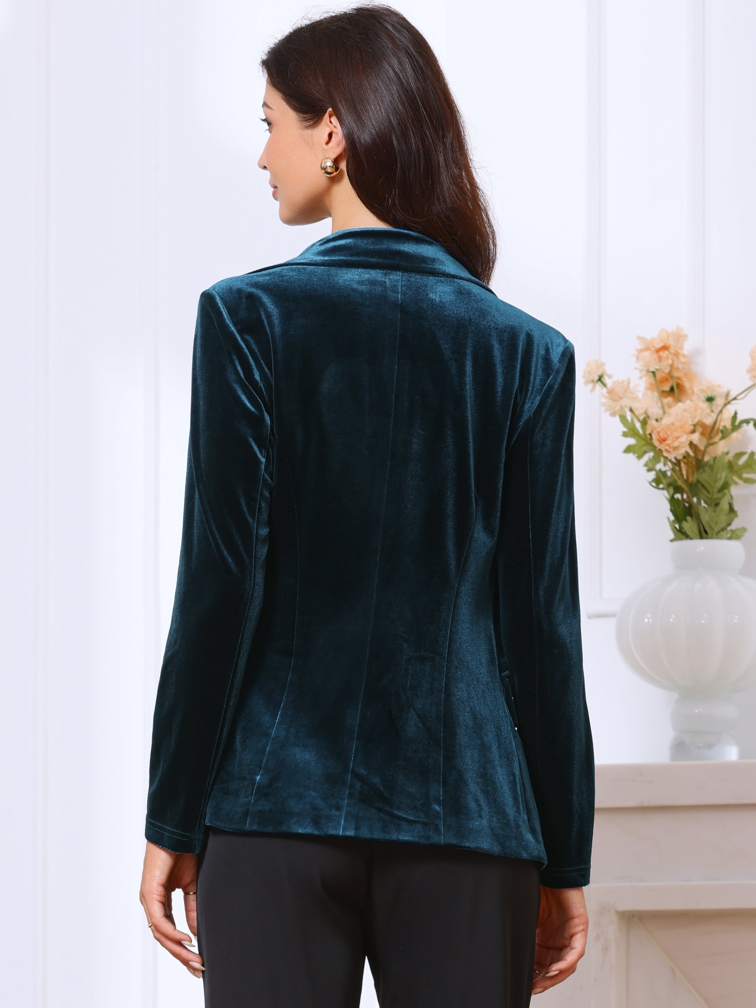DARING DIVA Women's Notched Lapel Long Sleeve One Button Velvet Blazer M Blue