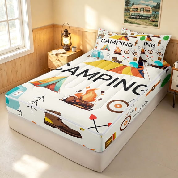 Erosebridal Cartoon Camping Theme Zipper Twin Comforter Sets with Fitted Sheet and 2 Pillowcases, Camper Arrow Bonfire Zipper Bedding Set, Reversible