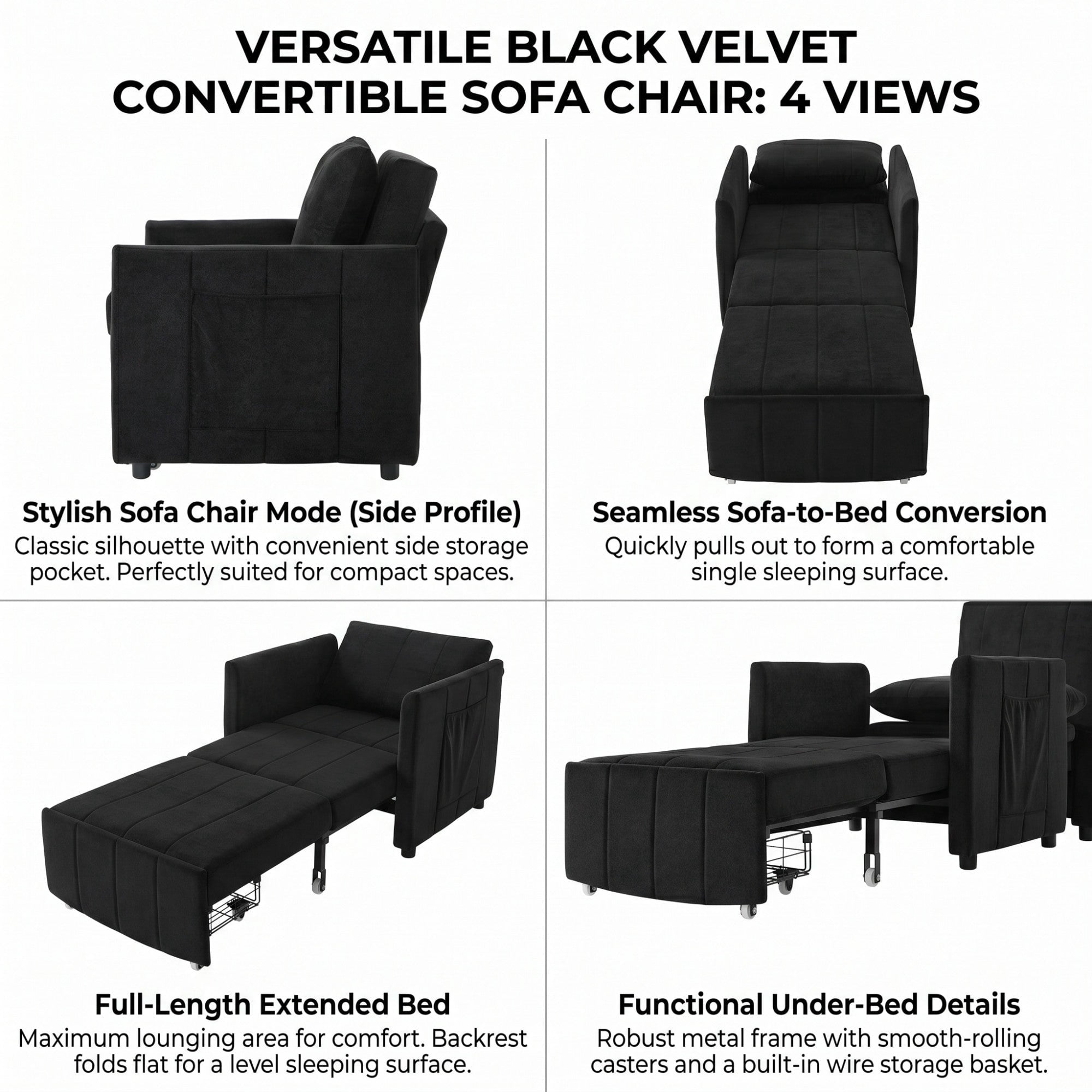 Sailvan 31.5" Convertible Pull Out Sofa Bed, Adjustable Chenille Sleeper Chair with Storage Black