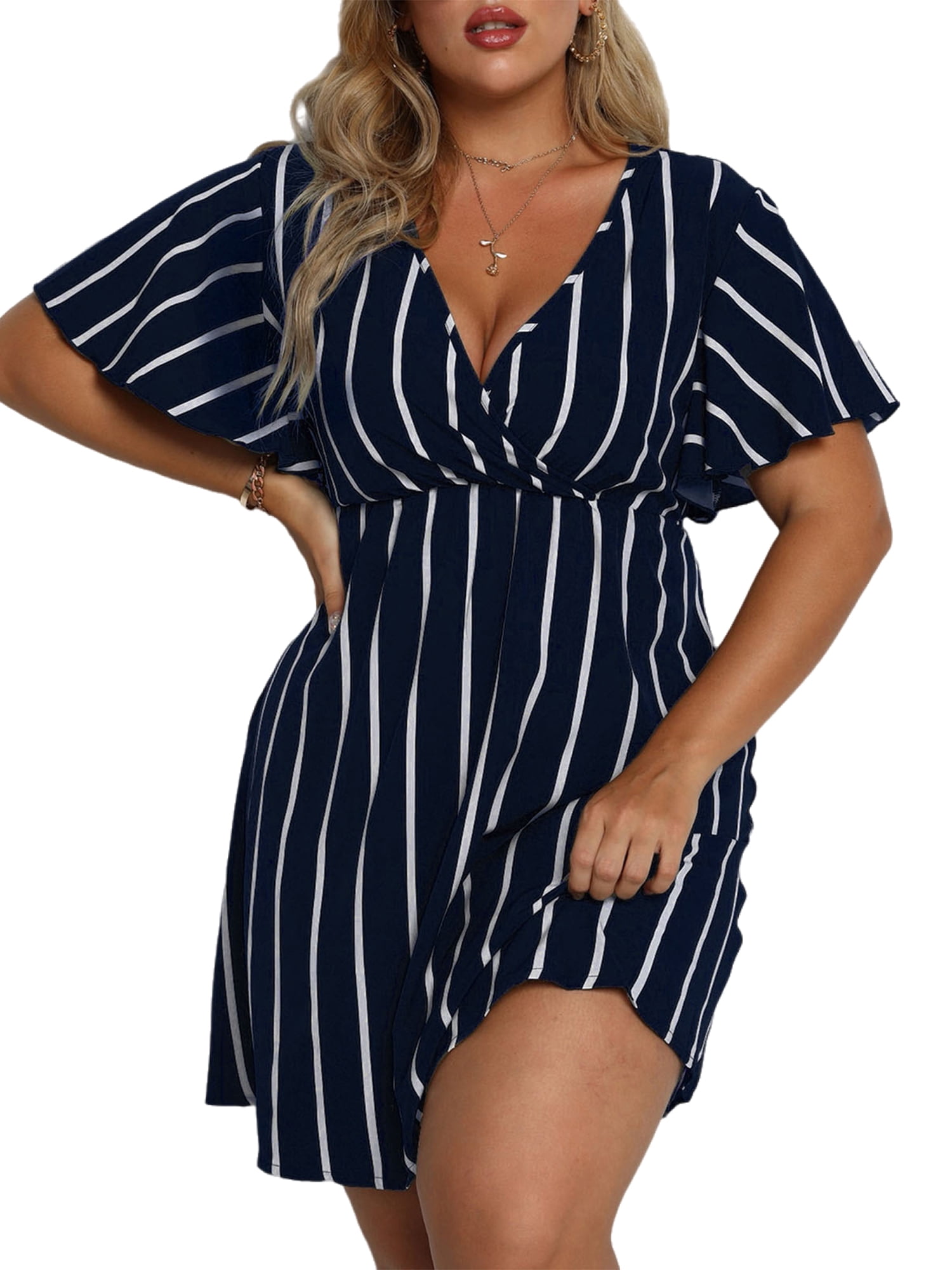 Lumento Women Striped Mini Dresses Plus Size Beach Dresses V Neck Short Sleeve Summer Short