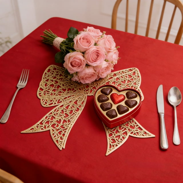 Valentine's Day Table Mats, Staron Round PVC Waterproof Heat Resistant Placemats, Bow Design Western Style Decor for Party Dining Table